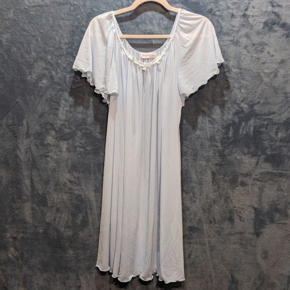 Shadowline Vintage Nightgown Light Blue Lace Trim Flutter Sleeve Nylon Medium
